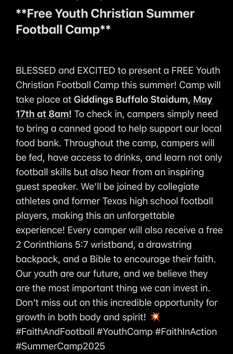 BLESSED  to present a FREE Youth Christian Football Camp this summer! Every camper will receive a free 2 Corinthians 5:7 wristband, a drawstring backpack, and a Bible. Our youth are our future, and we believe they are the most important thing we can invest in. #FaithAndFootball