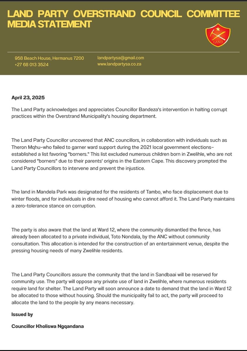 Councillor Vuyisani Bandeza of the Land Party revealed evidence of corruption within the Overstrand Municipality Housing Department.