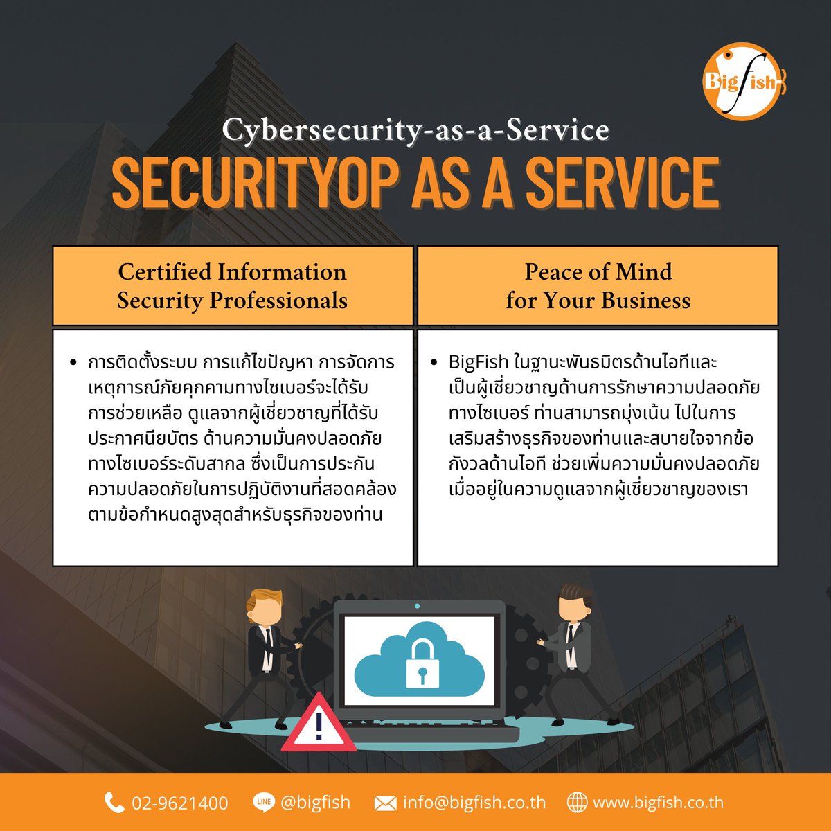 BigFishThai's tweet image. &quot;ยกระดับความมั่นคงปลอดภัยทางไซเบอร์ขององค์กรท่าน ด้วยบริการ SecurityOp as a Service จาก BigFish – พันธมิตรด้านไอทีที่คุณวางใจได้ พร้อมดูแลความปลอดภัยของคุณตลอด 24 ชั่วโมง!&quot;🛡

#bigfish #cybersecurity #CSaaS #ManagedSecurityService #CyberSecurityThailand #MSSP  #SecurityOps