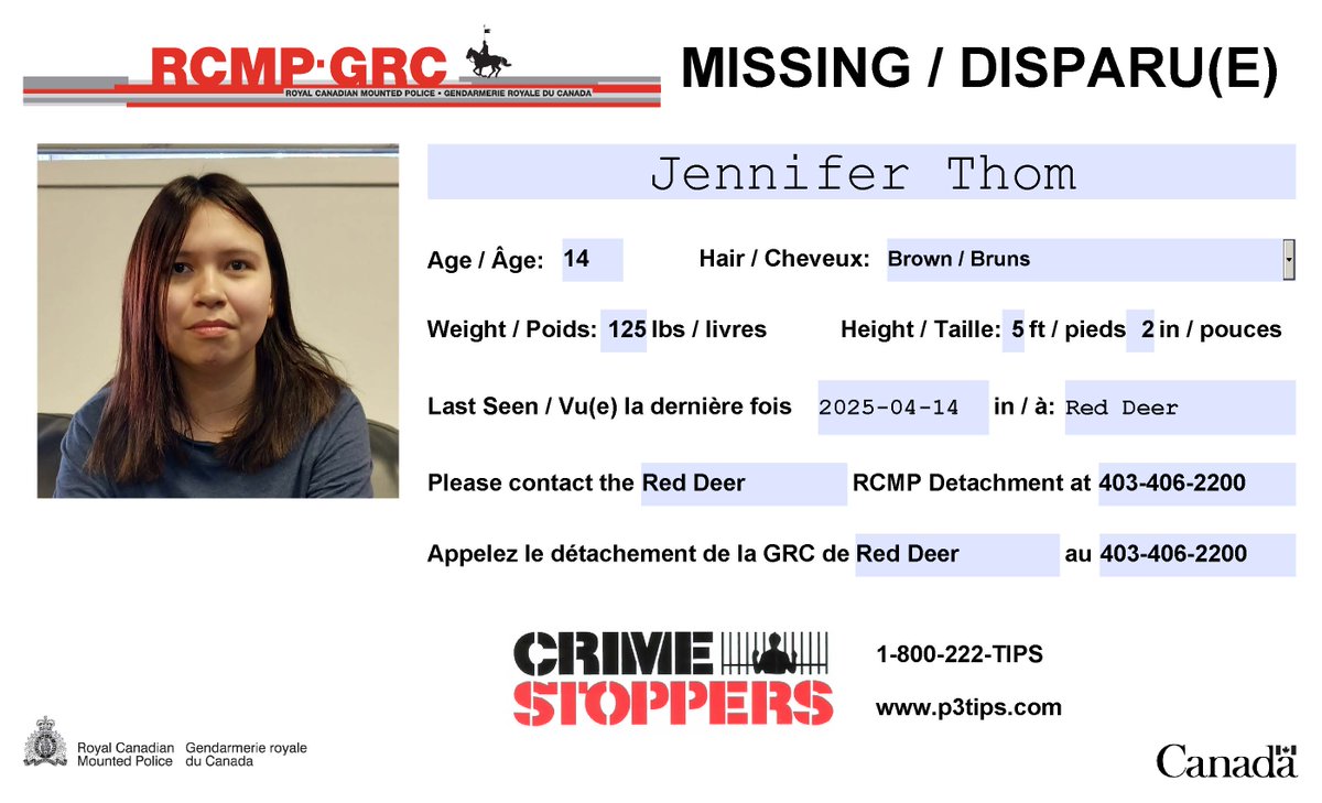#Missing: Jennifer Thom, 14, #RedDeer