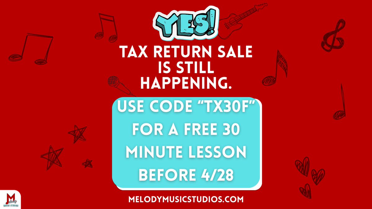 MelodyMStudios's tweet image. Curious about learning an instrument? 🤔 Now's the perfect time! Sign up for lessons at Melody Music Studios before April 28th and receive a FREE 30-minute introductory lesson. What are you waiting for? Let's create some music together! 🎼 #MusicJourney #TryItOut