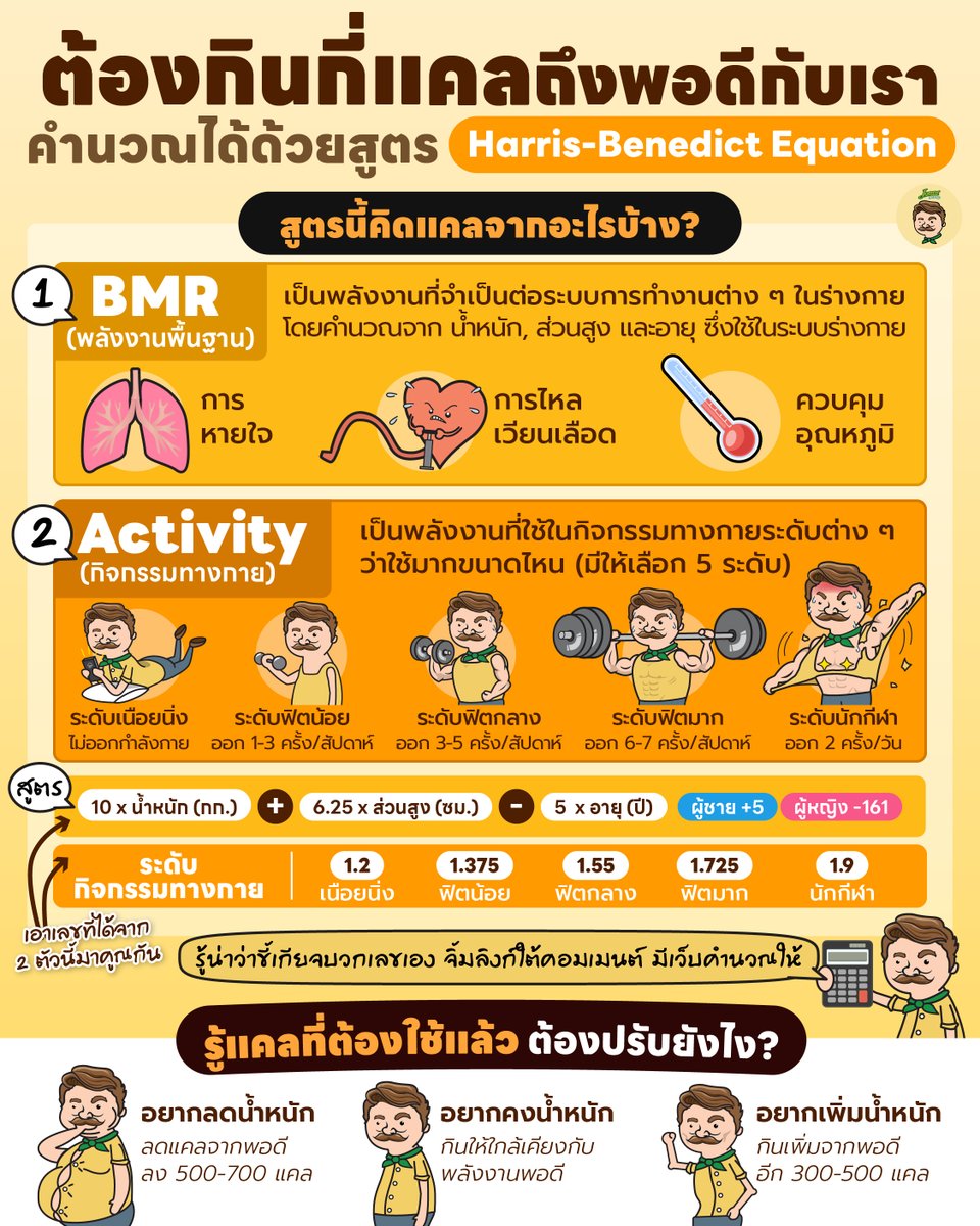 jones_salad's tweet image. อยากรู้ว่าเราต้องกินกี่แคลถึงพอดี? มาคำนวณด้วยสูตร Harris Benedict Equation กัน

โดยสูตรนี้จะคิดจาก BMR หรือพลังงานพื้นฐาน ที่ร่างกายจำเป็นต้องใช้ในระบบต่างๆ เช่นการหายใจ ไหลเวียนโลหิต หรือ ควบคุมอุณหภูมิ

รวมกับ พลังงานที่เราใช้ทำกิจกรรมทางกาย ของแต่ละคน ว่ามากน้อยขนาดไหน (ต่อ)