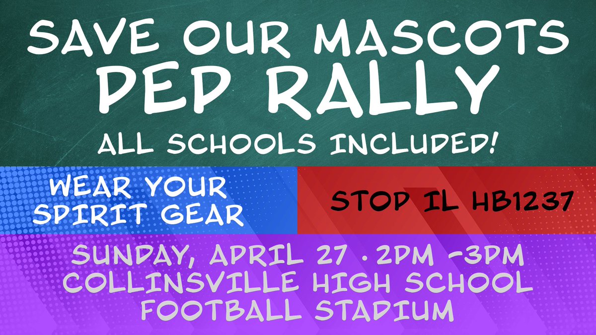 SAVE OUR MASCOTS RALLY!
SUNDAY, APRIL 27 • 2PM

Are you a Warrior? Kahok? Indian? Midget? Or another supporter of a mascot that the Illinois legislature deems no longer acceptable?

The Illinois legislature is voting on eliminating mascots they deem no longer acceptable