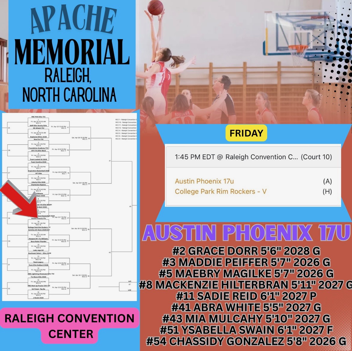 Grace Dorr (@gracedorr2) on Twitter photo Itโs go time! ๐ฅ๐
My team and I are ready to make some noise at the Apache Memorial Tournament in Raleigh! ๐ฅ
Our first game tips off Friday at 1:45 PM on Court 10.
<a href="/CoachCMitchell/">Carlene Mitchell</a> <a href="/BiglerCaitlin/">Caitlin Kriesel-Bigler</a> <a href="/CoachReaves/">Kerri Reaves</a> <a href="/carswell_jolee/">Jolee Carswell</a> <a href="/MinesWBB/">Mines WBB</a> <a href="/WandLBasketball/">W&L Women'sBasketball</a> <a href="/EmoryWBB/">Emory Womenโs Basketball</a> <a href="/phoenixselect/">Phoenix Select</a> Itโs go time! ๐ฅ๐
My team and I are ready to make some noise at the Apache Memorial Tournament in Raleigh! ๐ฅ
Our first game tips off Friday at 1:45 PM on Court 10.
<a href="/CoachCMitchell/">Carlene Mitchell</a> <a href="/BiglerCaitlin/">Caitlin Kriesel-Bigler</a> <a href="/CoachReaves/">Kerri Reaves</a> <a href="/carswell_jolee/">Jolee Carswell</a> <a href="/MinesWBB/">Mines WBB</a> <a href="/WandLBasketball/">W&L Women'sBasketball</a> <a href="/EmoryWBB/">Emory Womenโs Basketball</a> <a href="/phoenixselect/">Phoenix Select</a>