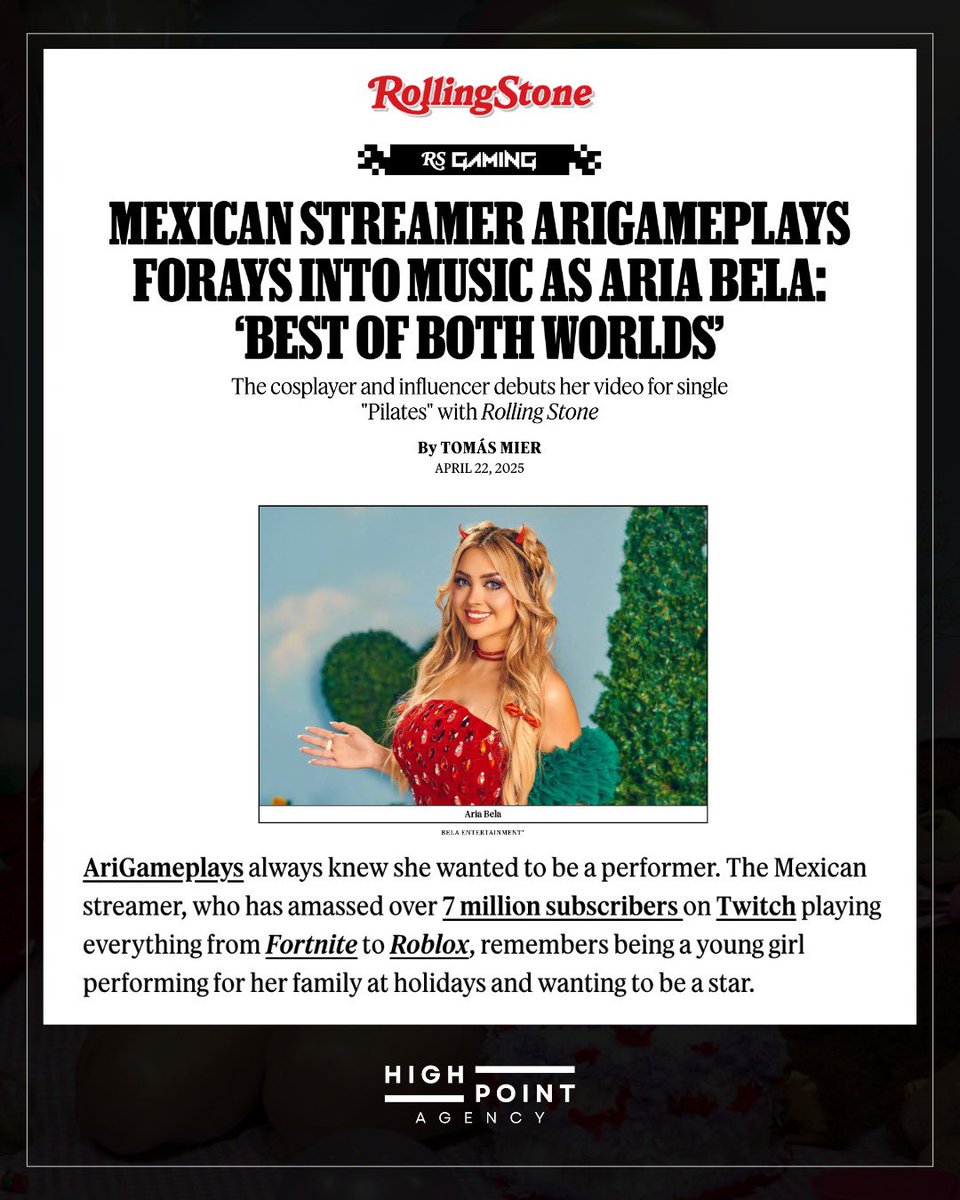 highpoint_agcy's tweet photo. “It’s something that I’ve always liked, and music, after all, lives with me every day” @arigameplays for @RollingStone 

Now available — “Pilates” by #AriaBela on all digital platforms 🎧

👉🏼 https://t.co/RRsMSxtSBC https://t.co/TE99F024pn