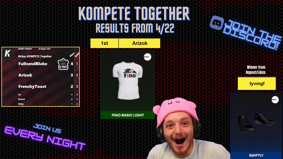 KirboLive's tweet image. @ArizokKOMPETE @tyvmgf CONGRATS!

Shoutout @FullSendBlake for shedding the handi-cap status and becoming a KOMPETE King!
#LFK

See yall tomorrow night!