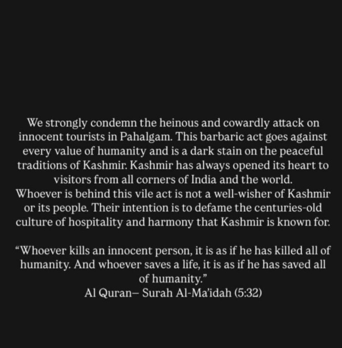 J&K Civil Engineering Graduates Association (@jkcega) on Twitter photo Whoever kills an innocent, it is as if he has killed the whole humanity. (Quran5:32).
Condemning the veil act of barbarism in Pahalgam. Entire fraternity is in solidarity with the bereaved. <a href="/OfficeOfLGJandK/">Office of LG J&K</a> <a href="/manojsinha_/">Manoj Sinha</a> <a href="/CM_JnK/">Office of Chief Minister, J&K</a> <a href="/OmarAbdullah/">Omar Abdullah</a> <a href="/Surinderch55/">Surinder Choudhary</a> <a href="/JavedRanaa/">JAVED AHMED RANA</a> Whoever kills an innocent, it is as if he has killed the whole humanity. (Quran5:32).
Condemning the veil act of barbarism in Pahalgam. Entire fraternity is in solidarity with the bereaved. <a href="/OfficeOfLGJandK/">Office of LG J&K</a> <a href="/manojsinha_/">Manoj Sinha</a> <a href="/CM_JnK/">Office of Chief Minister, J&K</a> <a href="/OmarAbdullah/">Omar Abdullah</a> <a href="/Surinderch55/">Surinder Choudhary</a> <a href="/JavedRanaa/">JAVED AHMED RANA</a>