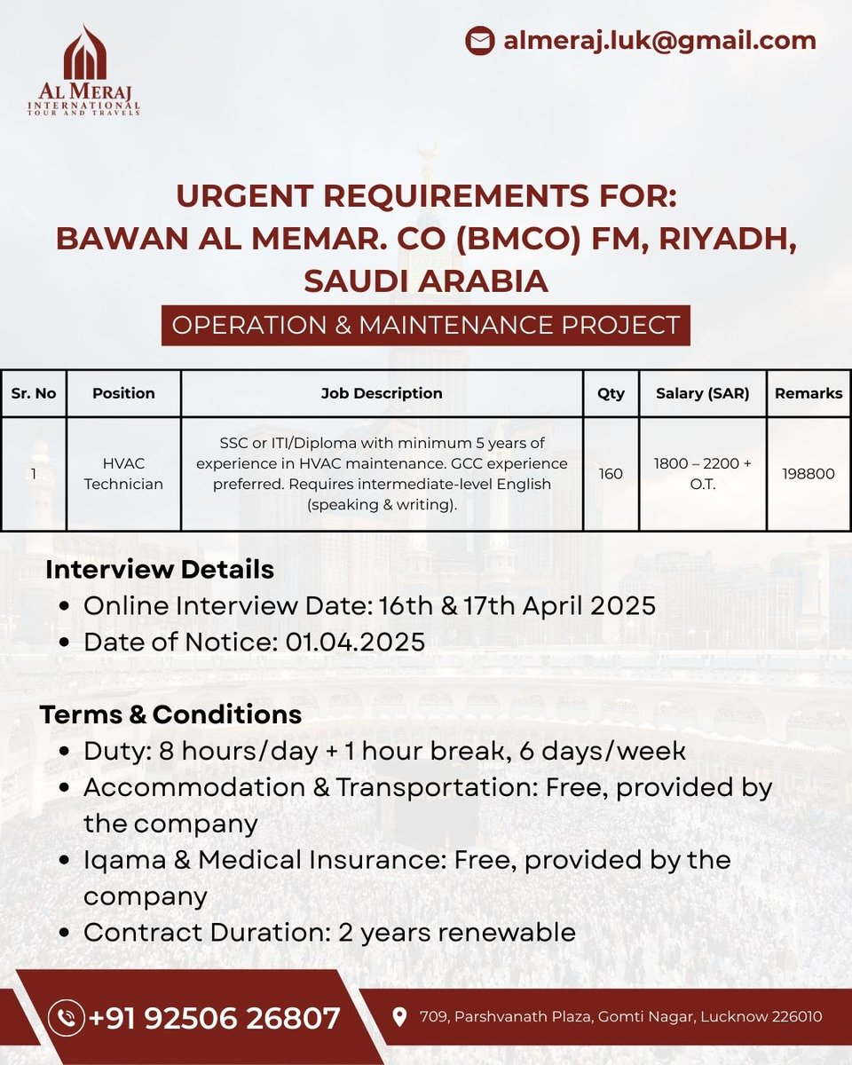 AlMeraj_Agency's tweet photo. Urgent Job Opportunity – Saudi Arabia
Position: HVAC Technician
Email: almeraj.luk@gmail.com
Contact: +91 92506 26807
Venue: 709, Parshvanath Plaza, Gomti Nagar, Lucknow https://t.co/rTyYLD6pGd