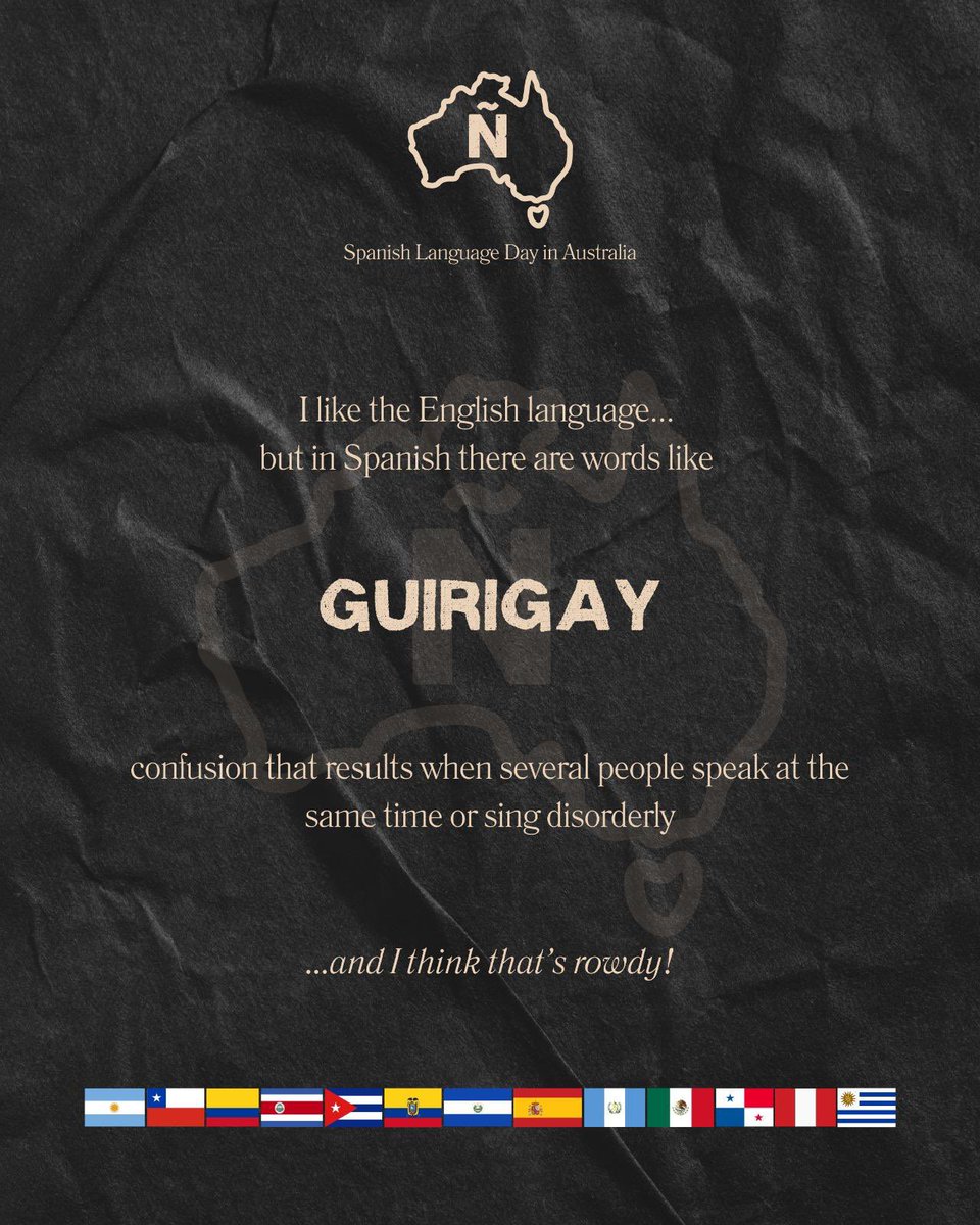 Today is Spanish Language Day. 
We want to spotlight spanish words from Spain 🇪🇸 
Did you know the word 'Guirigay'?  confusion that results when several people speak at the same time or sing disorderly
#SpanishLanguageDay