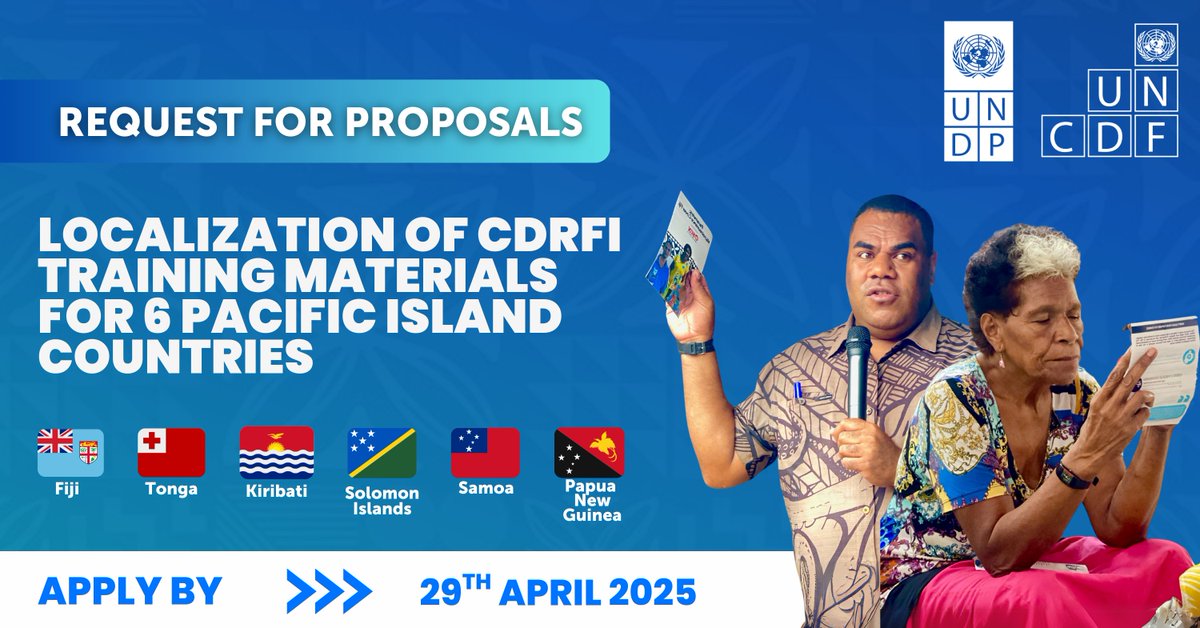 UNDP_Pacific's tweet photo. 📢 @UNDP and @UNCDF are inviting translators to localize climate and disaster risk finance and insurance (#CDRFI) materials for six Pacific Island countries to improve accessibility, inclusivity, and community resilience.
Apply now: https://t.co/NKnpVIaZ1Y https://t.co/85hNEWwrYw