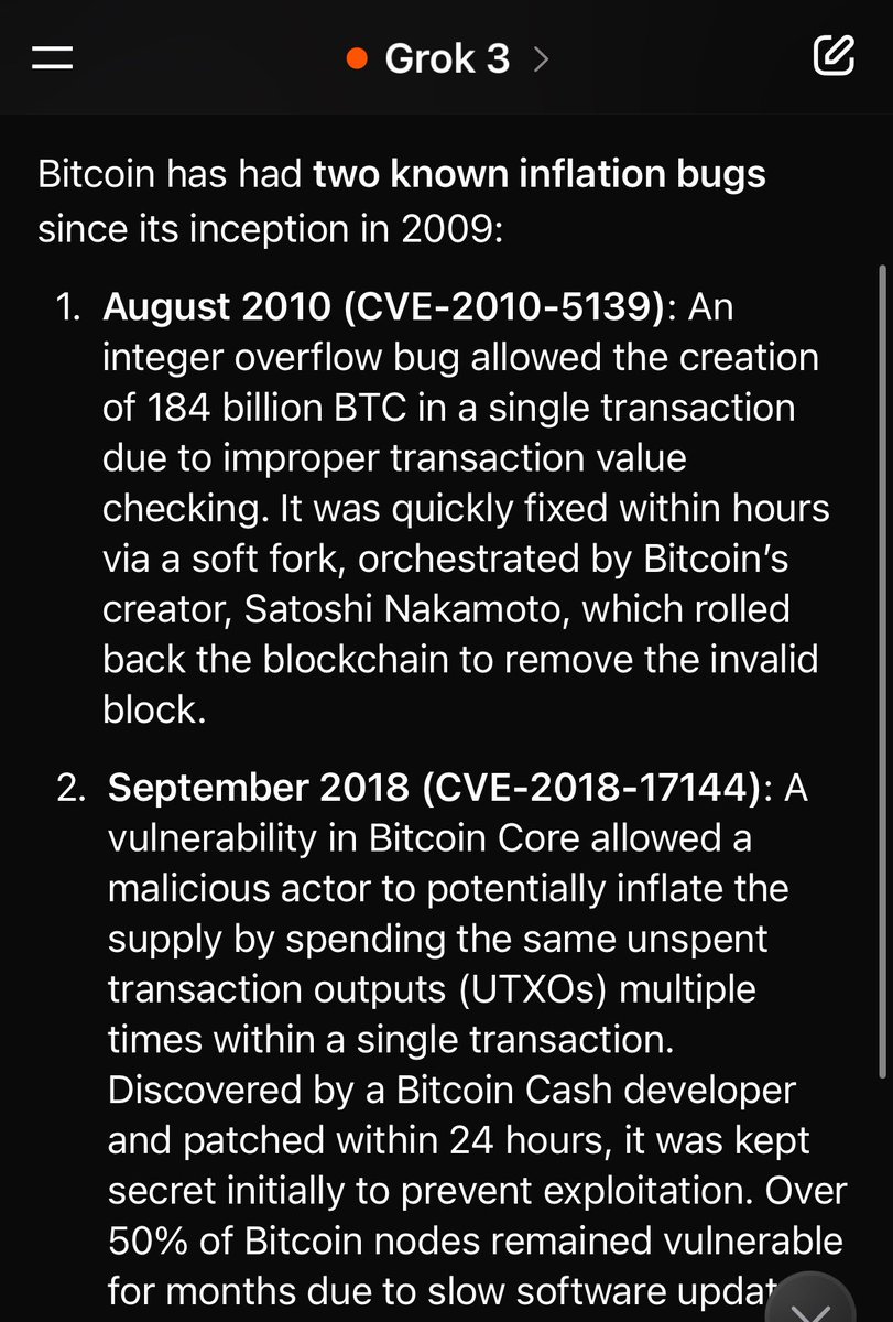 ❤️💛💚💙 Bitcoin had 2 inflation bugs. 1. In August 2010, someone minted 184  billion BTC. Satoshi had to roll back the chain to fix the bug. 2. In  September 2018, a Bitcoin
