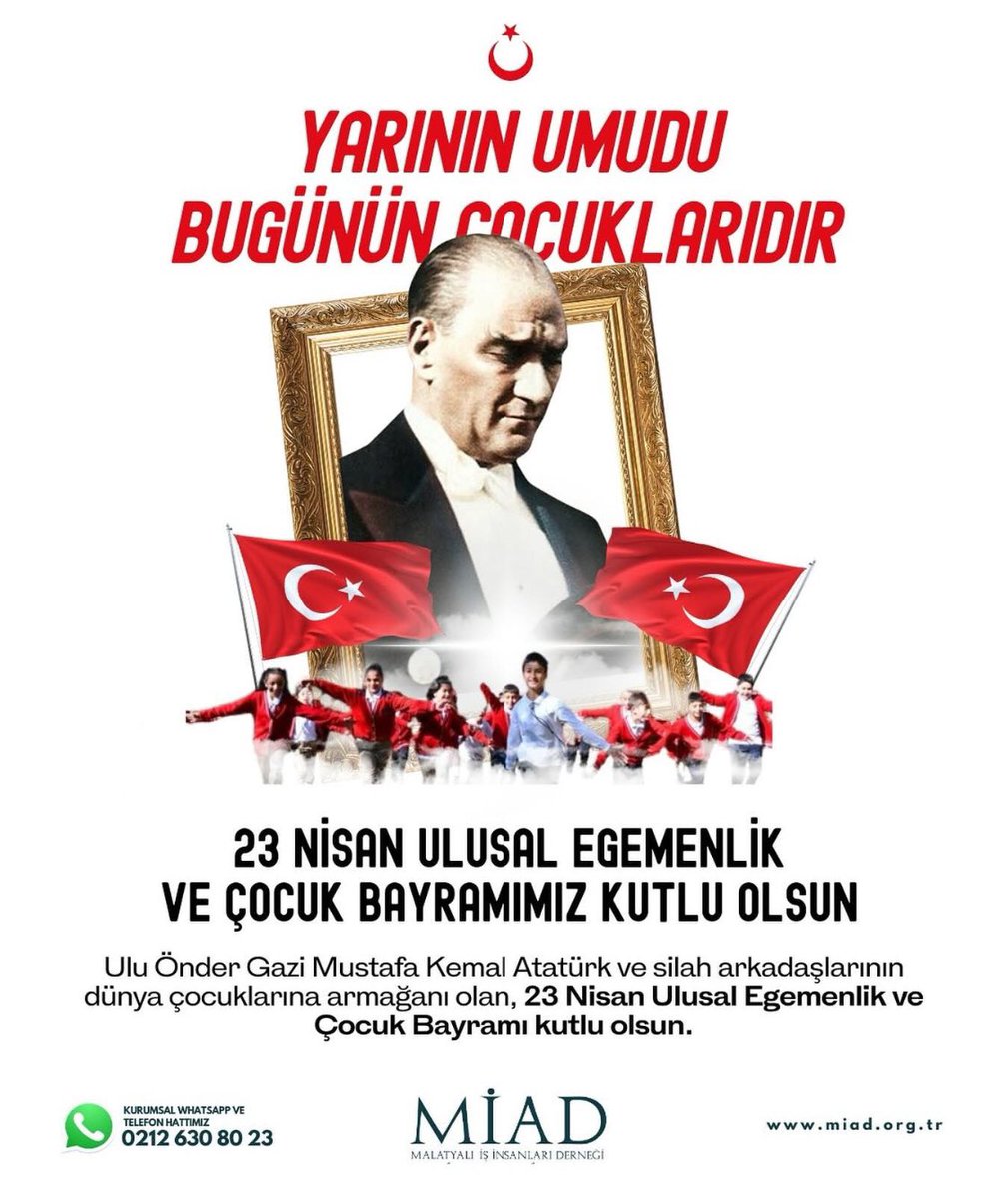 Türkiye Büyük Millet Meclisimizin açılışının 105. yıl dönümünü ve umut dolu geleceğimiz olan tüm çocuklarımızın #23NisanUlusalEgemenlikveÇocukBayramı ’nı kutluyor; Gazi Mustafa Kemal Atatürk başta olmak üzere tüm silah arkadaşlarını saygı, minnet ve özlemle anıyorum.