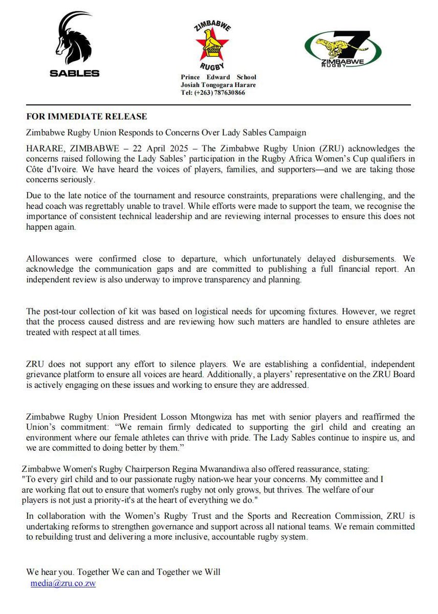 🇿🇼 On the recent controversy surrounding the Lady Sables’ participation in the #RAWomensDiv1, the initial outcry stemmed from allegations of serious mismanagement by the ZRU, including failure to fund the head coach’s travel, players being forced to buy their own blazers, delayed