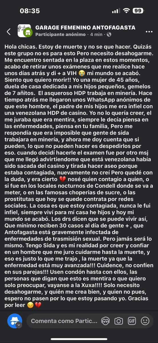 Caso de dueña de casa chilena contagiada de VIH en Antofagasta por marido que se metió con venezolana. Aparte de maricón, debería ser considerado acto de alta traición a la patria. Cuiden a sus familias cochinos culiaos!!