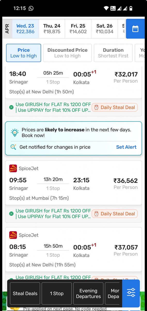 sumedhasharma86's tweet photo. As tourists make a rush to exit Kashmir after #PahalgamTerroristAttack this is what flight prices look like. The taxis have trebled the prices. This is sad face of Indian aviation or tourism industry. Rather than giving subsided   prices in this hour of national sorrow they are making most of it
#pahalgamattack #पहलगाम #PahalgamTerrorAttack #KashmirTerroristAttack 
@RamMNK