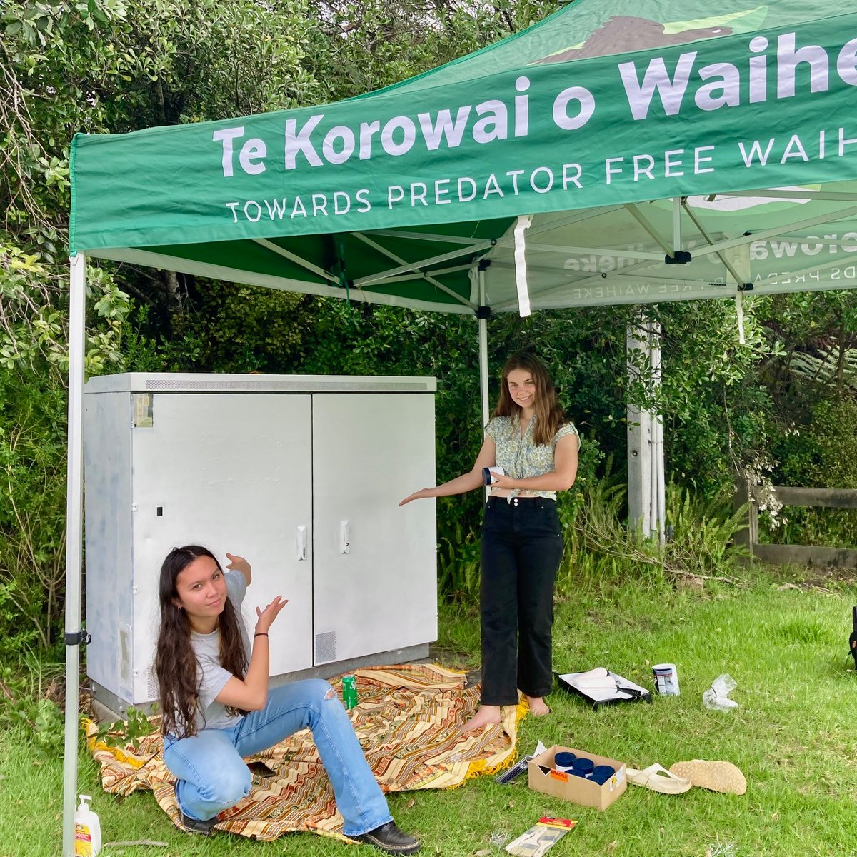 Can you guess what it is yet? The Chorus box at Tin Boat Reserve is getting a makeover! Safi &amp; Poppy from Waiheke Youth Sustainability Group are bringing tamariki art from Ngā Purapura – Te Huruhi School’s Reorua to life — inspired by nature &amp; a predator-free Waiheke 🌿