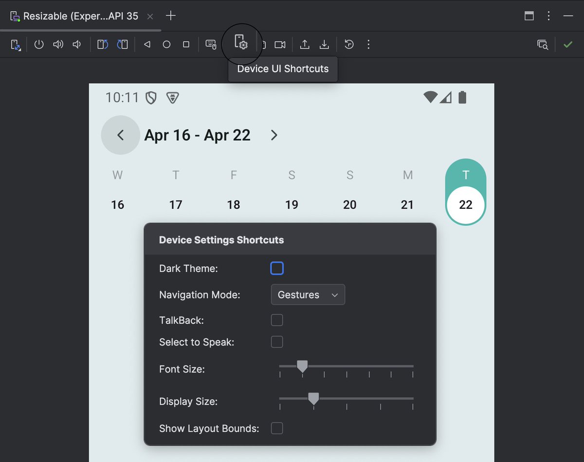 Did you know you can change the color mode and font size from the "Running Devices" panel in Android Studio without accessing the settings?

By using the "Device UI Shortcuts" feature, you can adjust:
• Color mode
• Navigation mode (gesture, buttons)
• Font size
• Display