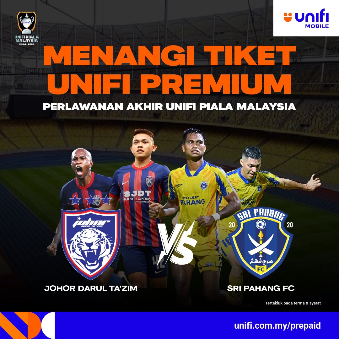 UnifiSports's tweet photo. MENANGI TIKET PERLAWANAN AKHIR UNIFI PIALA MALAYSIA!

Perlawanan paling epik tahun ini bakal tiba di antara Johor Darul Ta’zim vs Sri Pahang FC!

Bagi perlawanan epik ini, Unifi Mobile nak bagi 5 pasang tiket Unifi Premium bernilai RM 300 kepada peminat bola sepak yang bertuah. https://t.co/Oa8FeWoEI3