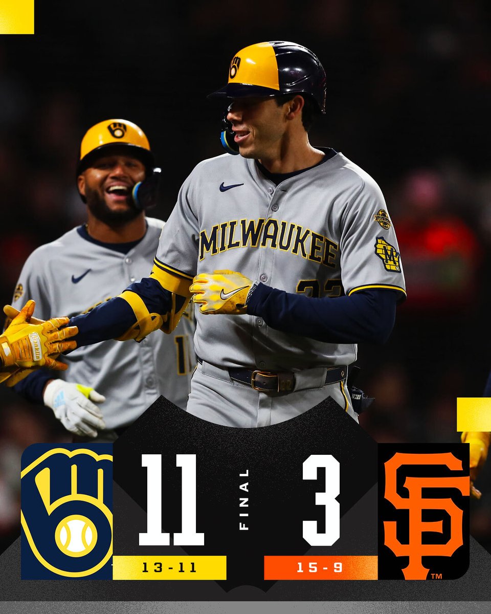 MLB (@mlb) on Twitter photo Christian Yelich: grand slam
Brice Turang: 4-for-4
Jake Bauers: 3-for-5, HR, 2 RBI, 2 R
The <a href="/Brewers/">Milwaukee Brewers</a> win big in San Francisco. Christian Yelich: grand slam
Brice Turang: 4-for-4
Jake Bauers: 3-for-5, HR, 2 RBI, 2 R
The <a href="/Brewers/">Milwaukee Brewers</a> win big in San Francisco.