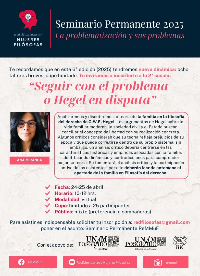 Red Mexicana de Mujeres Filósofas (@remmuf) on Twitter photo El registro sigue abierto ¡¡inscríbanse!!
Este segundo taller del Seminario Permanente va a estar muy bueno
Manden un correo a: redfilosofas@gmail.com El registro sigue abierto ¡¡inscríbanse!!
Este segundo taller del Seminario Permanente va a estar muy bueno
Manden un correo a: redfilosofas@gmail.com