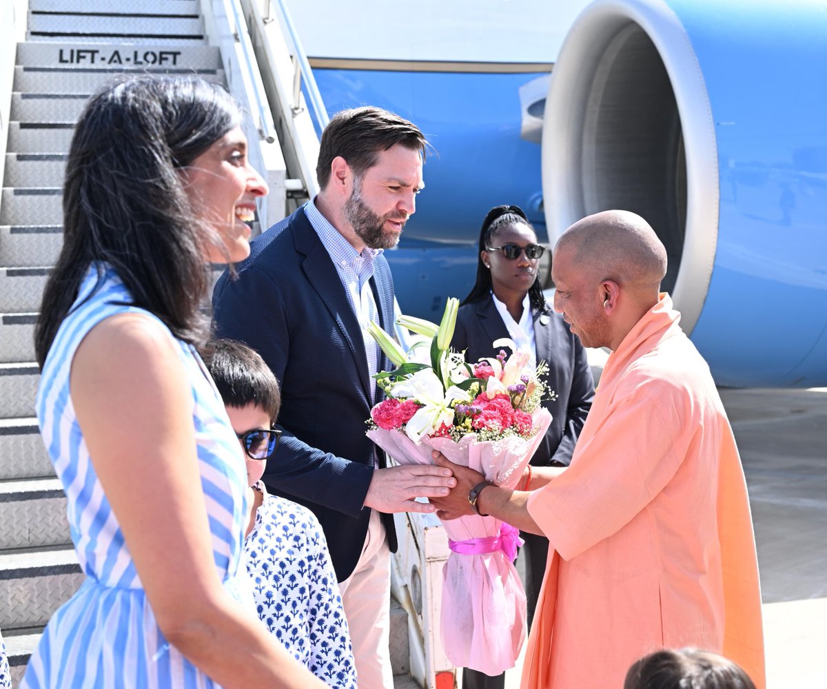 myogiadityanath's tweet photo. A warm welcome to Hon'ble US @VP Mr. @JDVance, and his family to Uttar Pradesh, the sacred heartland of India, renowned for its timeless devotion, vibrant culture, and spiritual legacy. https://t.co/JDJPRB7C7M