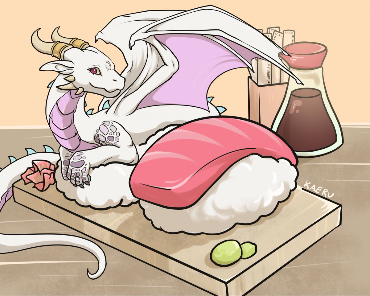 kaeru_ro's tweet image. some dragons hoard gold, others have tuna nigiri

sushi ych, thank you! #dragon #furry #ych #sushi