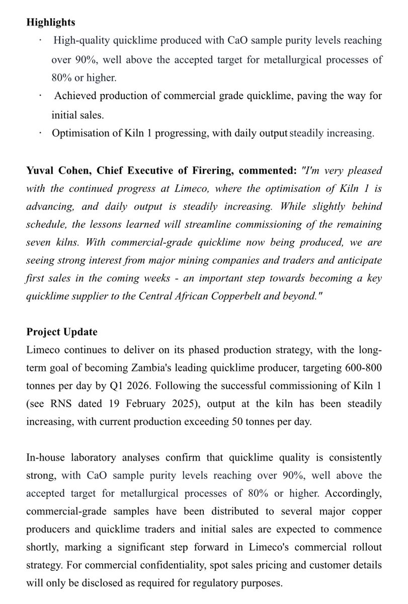 BigGibUK's tweet image. #FRG #RNS 🚨 +10% 🔵🔵🔵

Commercial Production Gains Momentum at Limeco, Zambia
 
High-grade quicklime surpasses metallurgical standards with samples reaching over 90% purity