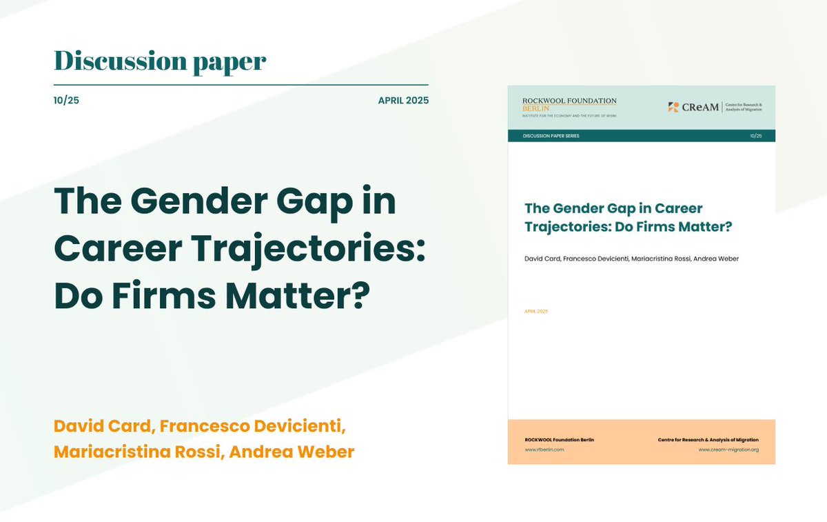🆕 RFBerlin-<a href="/CReAM_Research/">CReAM</a> Discussion Paper: David Card, Francesco Devicienti, Mariacristina Rossi, and Andrea Weber study how firms contribute to the rise of the gender wage gap with experience. 🧵