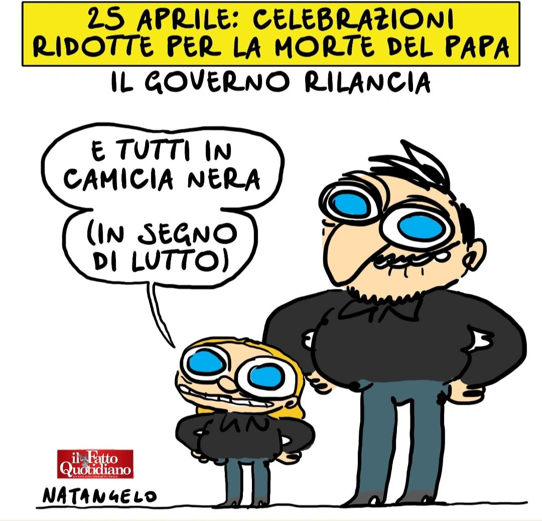 Il lutto del 25 aprile  - la mia vignetta per Il Fatto Quotidiano oggi in edicola

#bergoglio #papaFrancesco #25aprile #liberazione #fascismo #lutto #funerale #fumetto #memeitaliani #umorismo #satirapolitica #satira #humor #natangelo