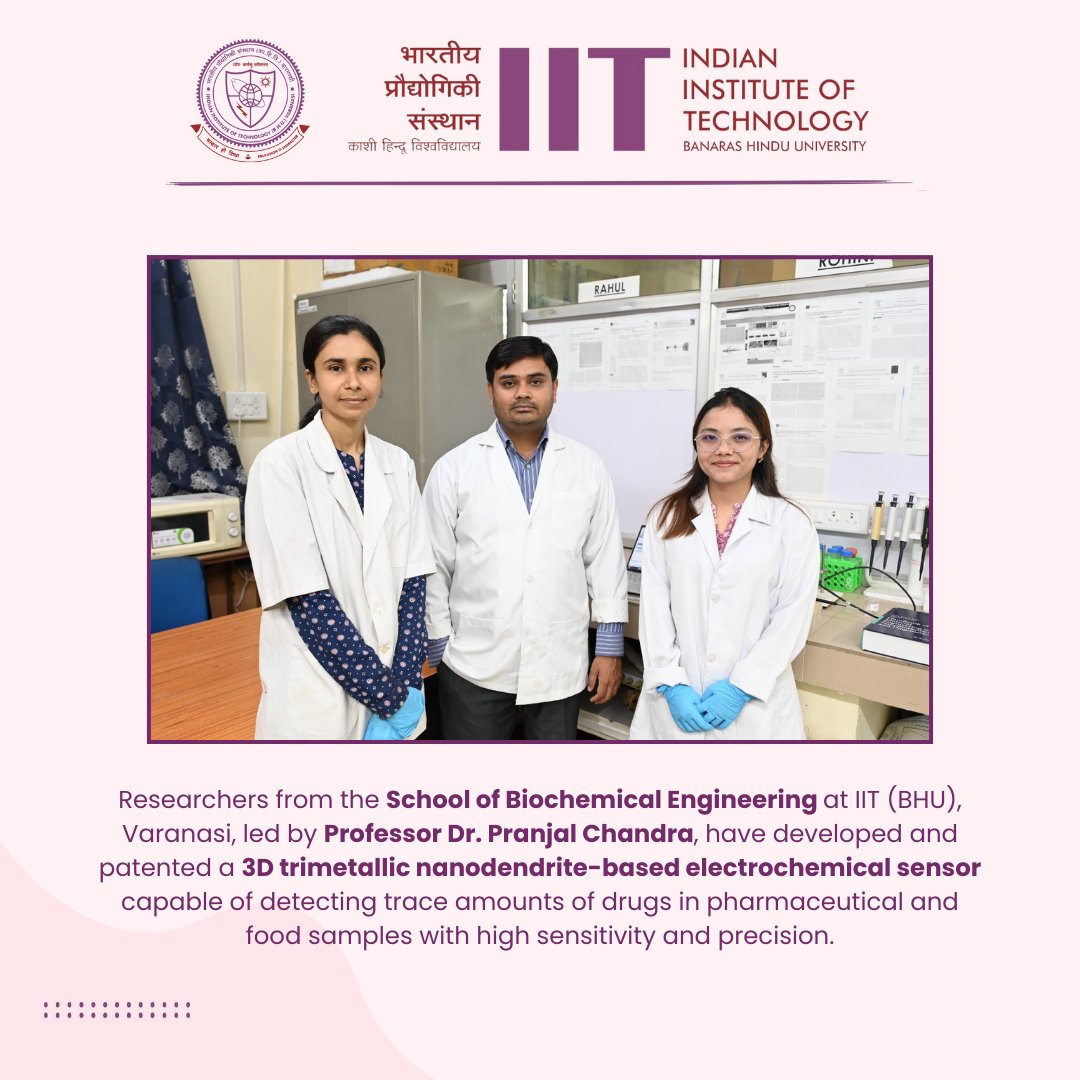 IITBHU_Varanasi's tweet photo. IIT (BHU) Varanasi breakthrough!
Prof. Pranjal Chandra &amp; team developed a 3D nanodendritic sensor for rapid drug detection in pharma &amp; milk.
Fast, stable, &amp; cost-effective—this innovation aligns with #MakeInIndia &amp; fights #AMR.
Patent secured! 
#Innovation #IITBHU #Research #ICMR https://t.co/GiwXhni7vo