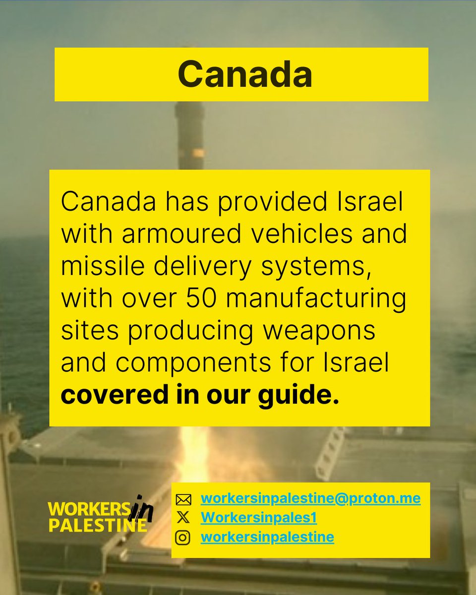 Canada is yet another country complicit in Israel’s genocide in Gaza. Our new guide shows that 50 Canadian manufacturing sites produce military equipment for Israel.

#FreePalestine 
#Canada 
#UnionStrong