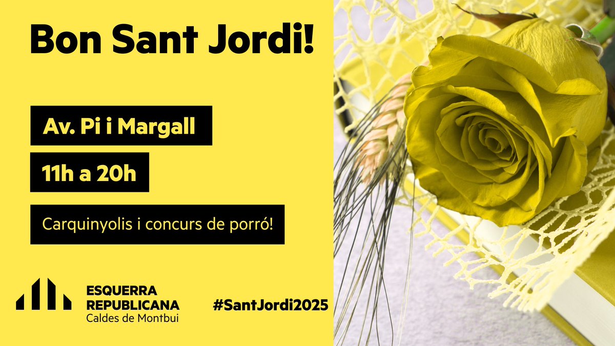 ‼️Amb motiu de Sant Jordi us esperem a la nostra paradeta!

🕖 Avui dimecres 23 d’abril de 11 a 20h
📍Av. Pi i Margall - Caldes de Montbui
Carquinyolis i concurs de porró!

🌹🐉Que passeu un bon Sant Jordi i Jordina!🐉🌹

#CaldesDeMontbui #SantJordi2025 #SantaJordina2025