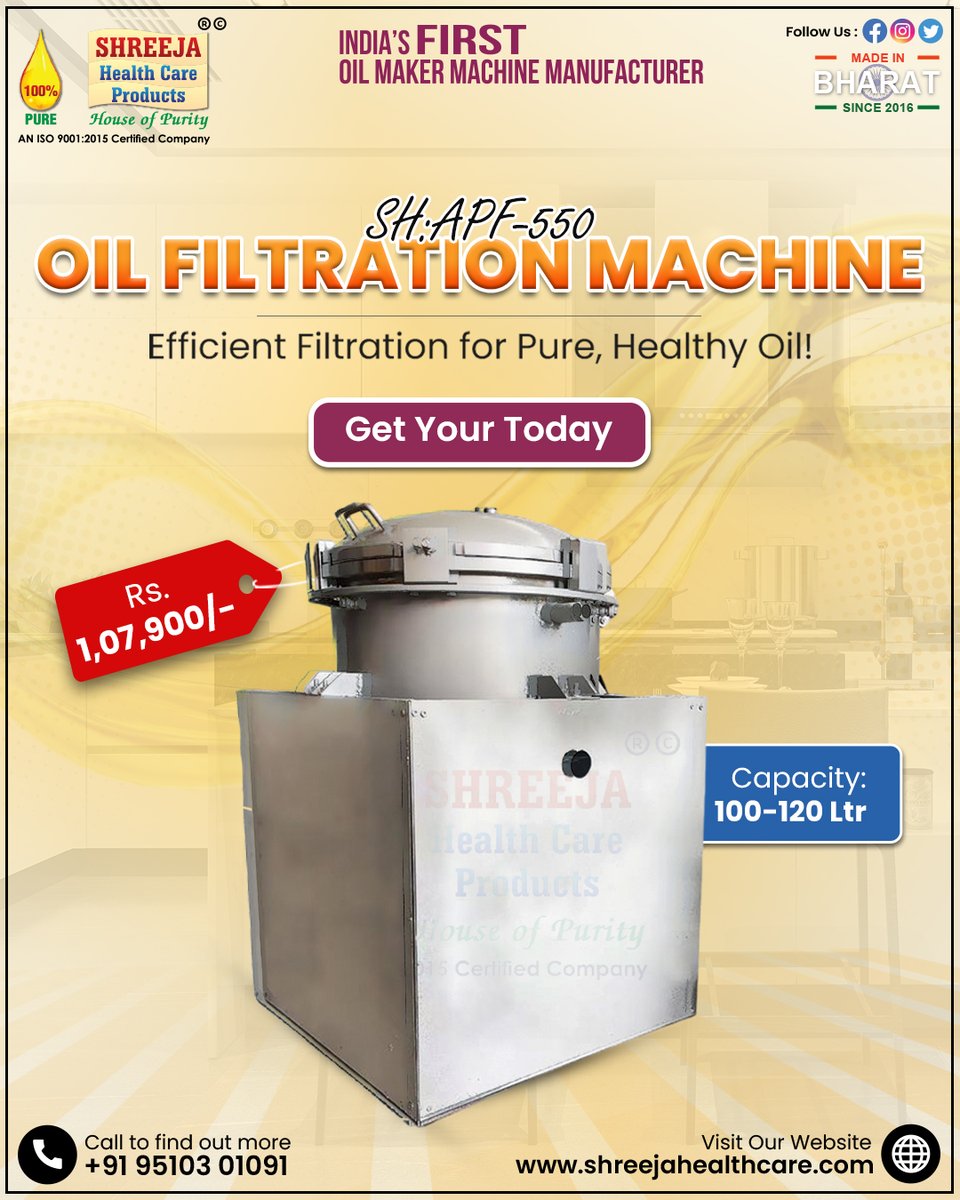 shreejahealth's tweet image. 🛢️✨ Purity Starts Here!
 Introducing the SH-APF-550 Oil Filtration Machine – your key to pure, healthy oil every time.
 
💰 Just ₹1,07,900/-
 📦 Get Yours Today!
📞 For more details: +91 95103 01091
 🌐 Visit: shreejahealthcare.com
#oilfiltrationmachine #shreejahealthcare