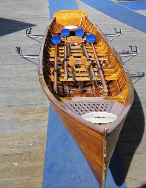 VIKING: thing of beauty. Originally designed and built by two SF Cable Car carpenters, 1916ish, given to the Dolphin Club in the mid-1930's. restored in 1984 by Jeremy Fisher-Smith in Davenport, CA, it's a Club favorite.