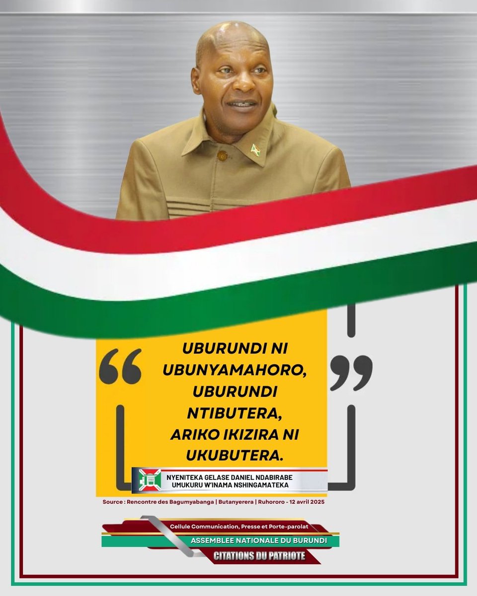 MajProtais's tweet photo. "Uburundi si igihugu co gusomborotsa : la paix est notre choix, mais la dignité est notre bouclier. #TuriBurundi m #Ubwigenge
@GeneralNeva @KwaNtare @NtareHouse @nkurunzizaherm2 @sinrenovat @nshingamateka @Burundi_senat https://t.co/ms5xBKfFDB