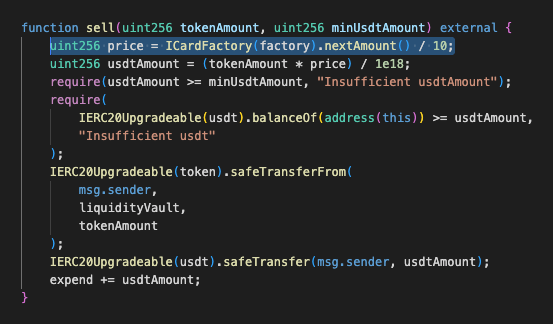 Sean25225's tweet photo. @blockaid_ @btcmapp The require() stmt marked does not seem to be the vulnerability. The issue seems to be the pricing in vault.sell. If mint a lot, your cost for each is a common difference sequence, yet all NFTs can be sold at the same very high price. The /10 won't help much https://t.co/Y5sEXUdiFx