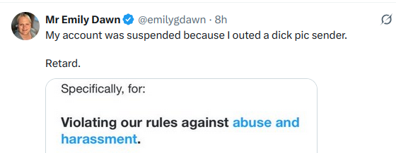 Dame Sabrina Hanson (@athena71xg) on Twitter photo <a href="/emilygdawn/">Mr Emily Dawn</a> <a href="/babybeginner/">Jennifer 🟥🔴🧙♀️🦉🐈⬛ 🦖</a> And of course this bloke is getting turned on by calling a woman who who stands up to his abuse "r*tard". The male abuser just can't help himself. <a href="/emilygdawn/">Mr Emily Dawn</a> <a href="/babybeginner/">Jennifer 🟥🔴🧙♀️🦉🐈⬛ 🦖</a> And of course this bloke is getting turned on by calling a woman who who stands up to his abuse "r*tard". The male abuser just can't help himself.