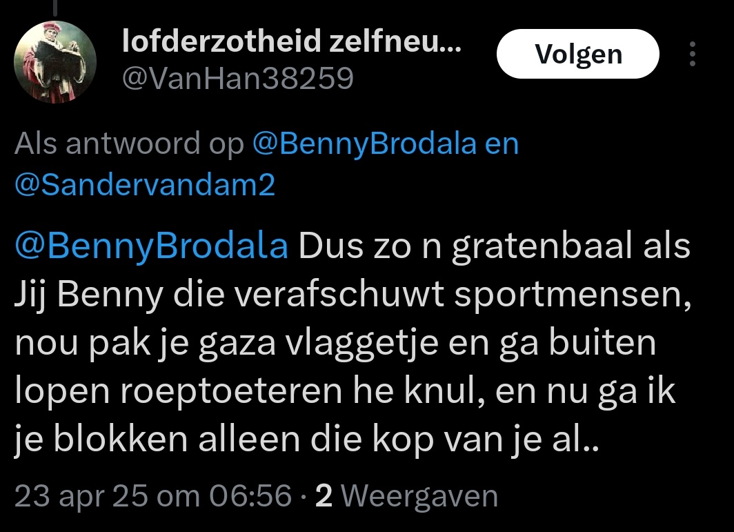 Nee zielig anoniempje, ik heb niets tegen sportmensen noch heb ik ergens een "gaza vlaggetje" liggen.
Wel typisch dat achterlijke onbebullen met een IQ dat hun leeftijd nooit zal inhalen blokkeren wanneer ze op hun fout gewezen worden.
Laat je opnemen.