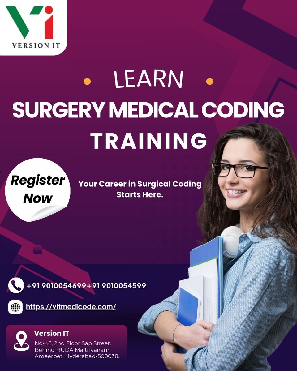 vit_medicode's tweet image. 🚨Ready to Boost Your Career in Healthcare?
Join Surgery Medical Coding Training at Version IT and unlock high-demand skills that can take you places!
📍 Ameerpet, Hyderabad
🌐 Visit: vitmedicode.com/surgery-medica…
📞 Call: +91 9010054699 | +91 9010054599
#MedicalCoding #SurgeryCoding