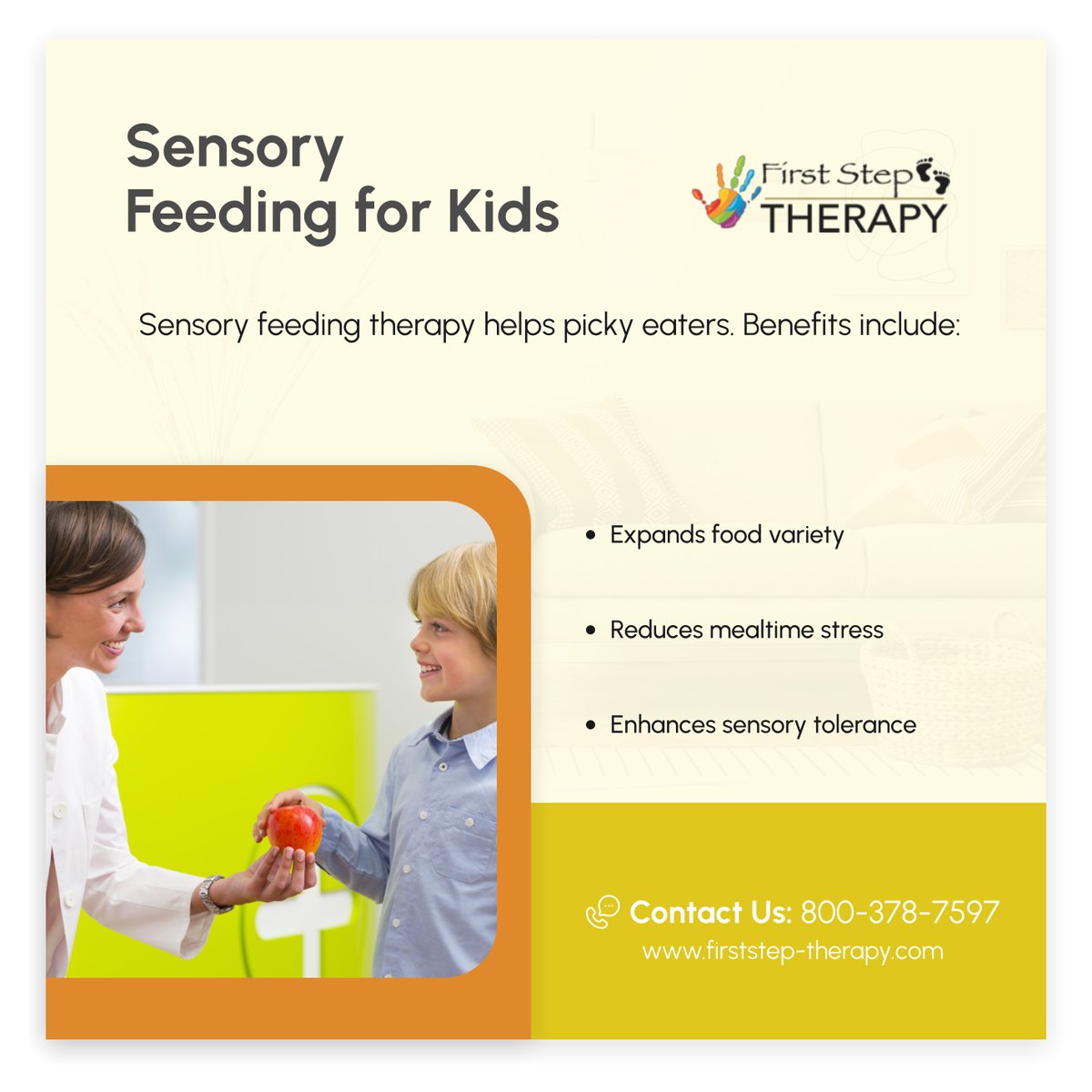 FirstStepTLLC's tweet photo. Struggling with mealtime battles? Our sensory feeding program supports kids in exploring new foods with ease. 

#OrangeCityFL #PediatricTherapyClinic #SensoryTherapy https://t.co/0sTqsp8eA3