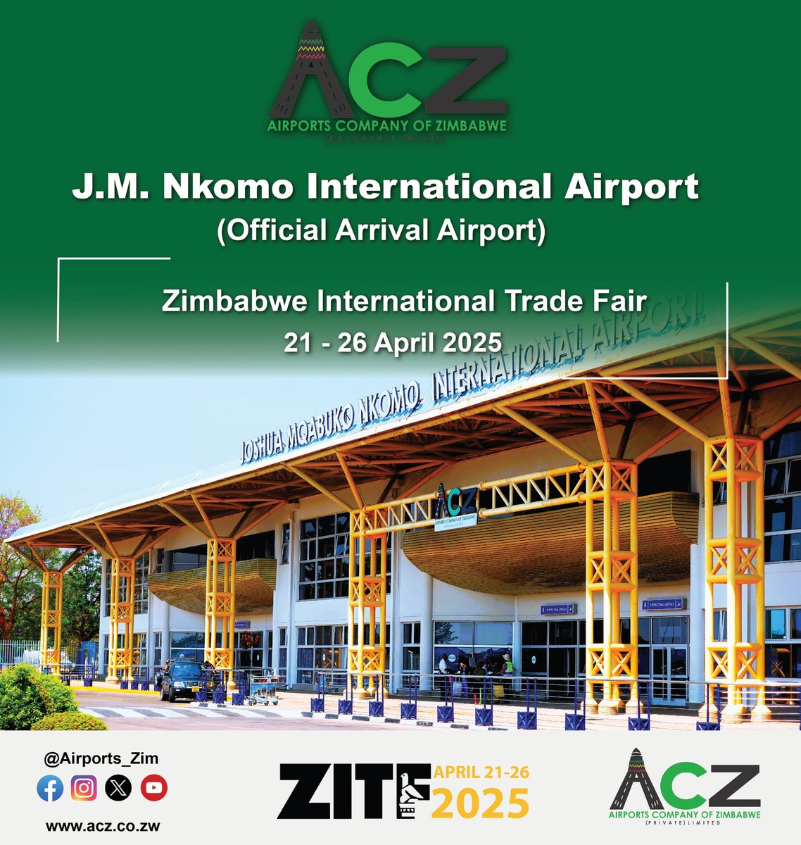 Joshua Mqabuko Nkomo International Airport is the Official Arrival Airport for ZITF 2025.

The airport was established in 1959. It is located in the second largest city of Zimbabwe, Bulawayo, 25km north of the city.

With a total annual passenger capacity of 1.5million, it