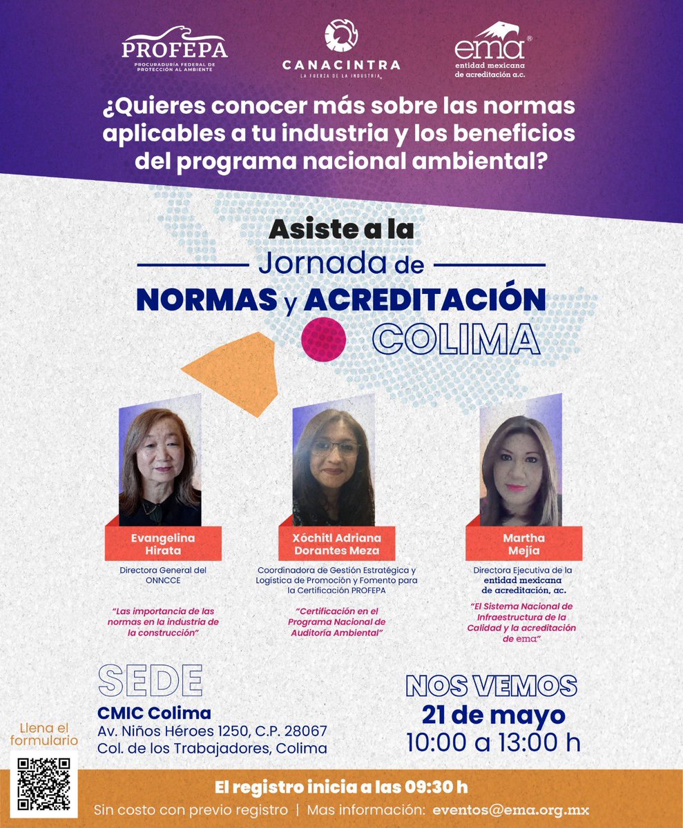 Maria Isabel Lopez (@milmmaribel) on Twitter photo Conoce la normativa aplicable a construcción,<a href="/ONNCCE/">ONNCCE, S.C.</a>, auditoría ambiental @PROFEPA y evaluación de la conformidad y acreditación <a href="/ema_ac/">EMA A.C</a>. "Jornada de normas y acreditación" <a href="/cmiccolima2/">CMIC Colima</a>
EVENTO SIN COSTO
<a href="/CANACINTRAMex/">CANACINTRA México</a> Registro: bit.ly/4l5Kpg1 Conoce la normativa aplicable a construcción,<a href="/ONNCCE/">ONNCCE, S.C.</a>, auditoría ambiental @PROFEPA y evaluación de la conformidad y acreditación <a href="/ema_ac/">EMA A.C</a>. "Jornada de normas y acreditación" <a href="/cmiccolima2/">CMIC Colima</a>
EVENTO SIN COSTO
<a href="/CANACINTRAMex/">CANACINTRA México</a> Registro: bit.ly/4l5Kpg1