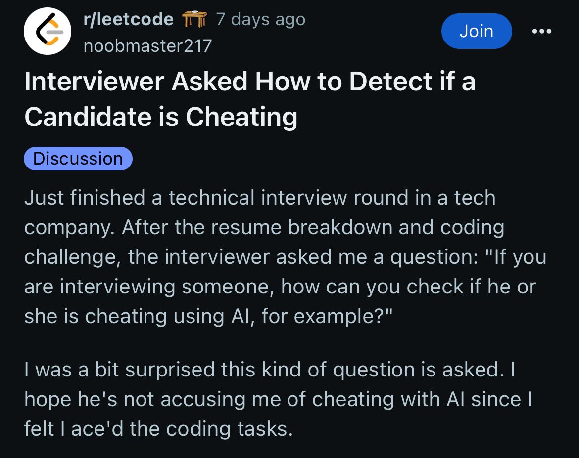 jddeep003's tweet photo. Imagine your interviewer having this level of sarcasm🤡

But this is a real cause of concern in online tech interviews today.
One of the reasons why companies like Meta, Apple are strictly shifting to in-person interviews.

In 2025, interview prep is evolving—so is interview evaluation. Here’s how good interviewers spot AI-reliant answers (and how you can avoid the trap)👇:

- Lack of reasoning behind the code:
Anyone can paste a perfect LeetCode solution.
But can you walk through your thought process?
AI outputs don’t explain why a specific approach was chosen—humans should.

- Inability to modify the solution:
“Change it to O(n) from O(n log n)”
“Handle nulls.”
“Make it iterative.”
If you freeze when asked to tweak the solution, it’s a red flag. AI can code. Humans can adapt.

- Over-optimized answers with no explanation:
When a candidate jumps straight to a rare data structure or niche trick without breaking it down--Interviewers notice.
AI spits out textbook-perfect answers, but humans show how they got there.

- Inconsistent performance across rounds:
Crushed the online round?
But fumbled the live interview?
Sudden drops in clarity, logic, or communication signal external help. Interviewers compare your “baseline.”

- No personal touch in behavioral responses:
Generic responses like:
“I resolved a conflict through communication” don’t cut it.
AI lacks emotional nuance and story detail. Your past = your edge. Use it.

Real preparation means understanding "why" something works, not just pasting perfect answers.

Bookmark this post for your interview prep journey and repost for others.