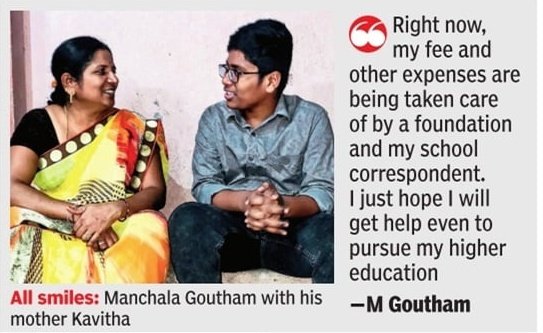 Manchala Goutham, who received funding after TOI published a story about his #SSC success last year, scored 464 out of 470 in #intermediate first-year public examinations, the results of which were released on Tuesday. 

The boy is the son of an ‘ayya’ working at Nandini Convent