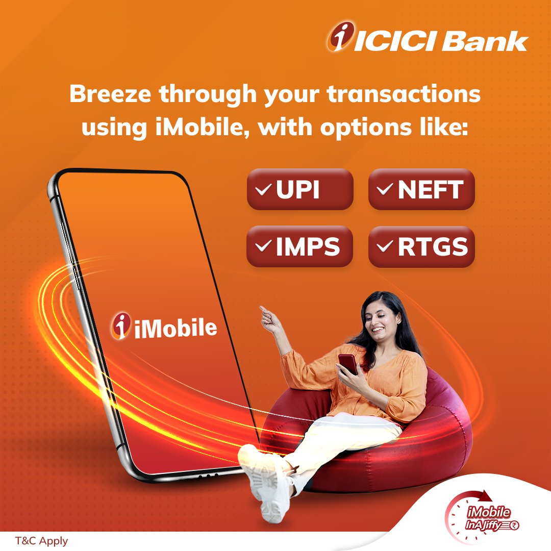 ICICIBank's tweet photo. Transfer money in moments, not minutes.

With the #ICICIBank #iMobile app, choose NEFT, RTGS or IMPS and send funds securely—anytime, anywhere.

Download now: https://t.co/Y3u2Zg9zUh

T&amp;C apply

#InAJiffy #FastBanking #DigitalConvenience #iMobile https://t.co/g8JP1cwBvD