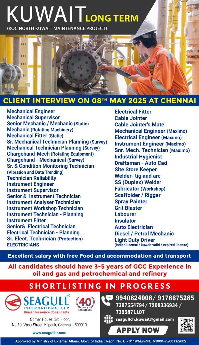 hrd1_seagull's tweet image. 🇰🇼Kuwait Jobs
📝Client Interview On 8th May 
📍Location - Chennai
. 

.

.
#kuwaitjobs #mechanicalengineer #sitestorekeeper #spraypainter