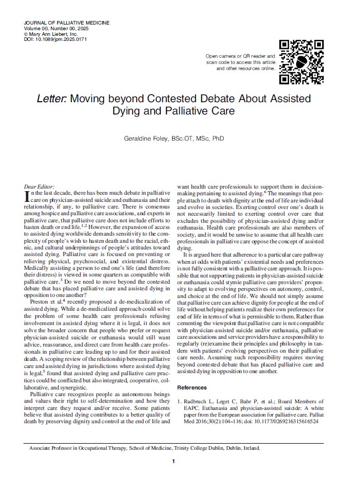 Geraldine Foley (@foleyg31) on Twitter photo Just published in Journal of Palliative Medicine <a href="/tcd_ot/">TCD OT</a> <a href="/TrinityMed1/">School of Medicine, Trinity College Dublin</a> <a href="/AIIHPC/">All Ireland Institute of Hospice & Palliative Care</a> <a href="/LindaHoganTCD/">Linda Hogan</a> <a href="/EAPCvzw/">EAPC VZW</a> <a href="/AndieMulligan/">Andrea Mulligan</a> <a href="/palliativeire/">Irish Association for Palliative Care</a> <a href="/IrishHospice/">Irish Hospice Foundation</a> <a href="/CancerInstIRE/">Trinity St James's Cancer Institute</a> <a href="/MaryRogan/">Mary Rogan</a> <a href="/IAHPC/">IAHPC</a> <a href="/OireachtasNews/">Houses of the Oireachtas - Tithe an Oireachtais</a> <a href="/tcddublin/">Trinity College Dublin</a> <a href="/AIIHPC_ECRF/">AIIHPC Early Career Researcher Forum</a> <a href="/tcddublin/">Trinity College Dublin</a> <a href="/emguinank/">Emer Guinan</a> <a href="/IrishCancerSoc/">Irish Cancer Society</a> <a href="/APMPostTweets/">APM</a> Just published in Journal of Palliative Medicine <a href="/tcd_ot/">TCD OT</a> <a href="/TrinityMed1/">School of Medicine, Trinity College Dublin</a> <a href="/AIIHPC/">All Ireland Institute of Hospice & Palliative Care</a> <a href="/LindaHoganTCD/">Linda Hogan</a> <a href="/EAPCvzw/">EAPC VZW</a> <a href="/AndieMulligan/">Andrea Mulligan</a> <a href="/palliativeire/">Irish Association for Palliative Care</a> <a href="/IrishHospice/">Irish Hospice Foundation</a> <a href="/CancerInstIRE/">Trinity St James's Cancer Institute</a> <a href="/MaryRogan/">Mary Rogan</a> <a href="/IAHPC/">IAHPC</a> <a href="/OireachtasNews/">Houses of the Oireachtas - Tithe an Oireachtais</a> <a href="/tcddublin/">Trinity College Dublin</a> <a href="/AIIHPC_ECRF/">AIIHPC Early Career Researcher Forum</a> <a href="/tcddublin/">Trinity College Dublin</a> <a href="/emguinank/">Emer Guinan</a> <a href="/IrishCancerSoc/">Irish Cancer Society</a> <a href="/APMPostTweets/">APM</a>