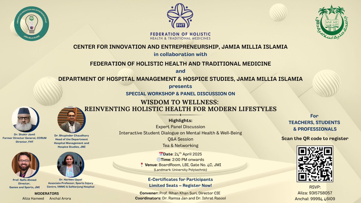 fhtfederation's tweet photo. Join Us for a Transformative Workshop
The Center for Innovation and Entrepreneurship, Jamia Millia Islamia, in collaboration with the Federation of Holistic Health &amp; Traditional Medicines proudly presents @jmiu_official https://t.co/9KBEdT0hw6