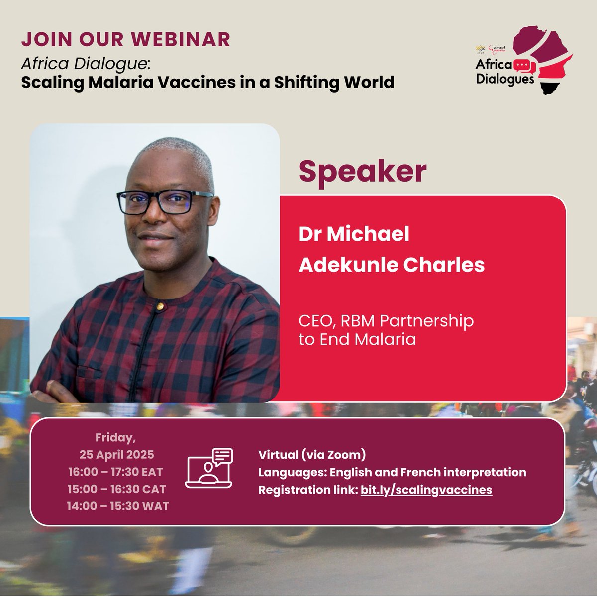 Amref Health Africa (@amref_worldwide) on Twitter photo Meet Dr. <a href="/DekunleCharles/">Dr Michael Charles</a>, CEO of <a href="/endmalaria/">RBM Partnership</a>! A seasoned leader and medical doctor, Dr Charles works with over 500 partners dedicated to eliminating malaria. Don’t miss his presentation at the #AfricaDialogues this Friday:
📅 World Malaria Day, 25 April 2025
💡 Scaling Malaria Meet Dr. <a href="/DekunleCharles/">Dr Michael Charles</a>, CEO of <a href="/endmalaria/">RBM Partnership</a>! A seasoned leader and medical doctor, Dr Charles works with over 500 partners dedicated to eliminating malaria. Don’t miss his presentation at the #AfricaDialogues this Friday:
📅 World Malaria Day, 25 April 2025
💡 Scaling Malaria