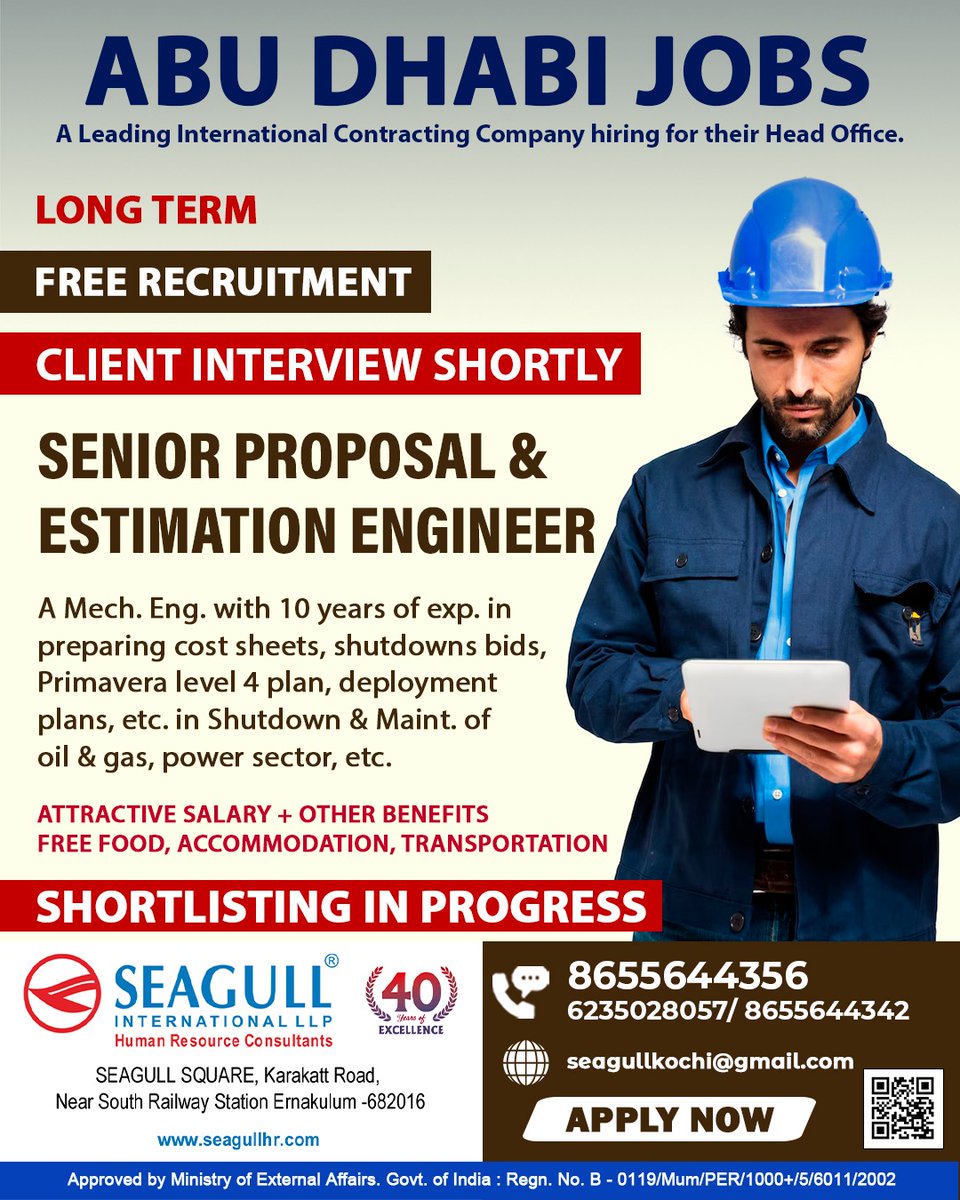 hrd1_seagull's tweet image. 🇦🇪Abu Dhabi Jobs 
💻Client Interview Shortly
Location - Kochi
.

.

.
#abudhabhi #seniorproposal #estimationengineer #contractingcompany